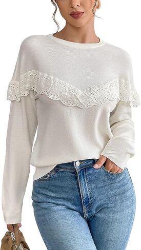 Women Tops Casual Solid Lace Crewneck Long Sleeved Knit Sweater in Saudi Arabia
