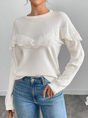 Women Tops Casual Solid Lace Crewneck Long Sleeved Knit Sweater in Saudi Arabia