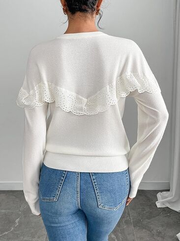 Women Tops Casual Solid Lace Crewneck Long Sleeved Knit Sweater in Saudi Arabia