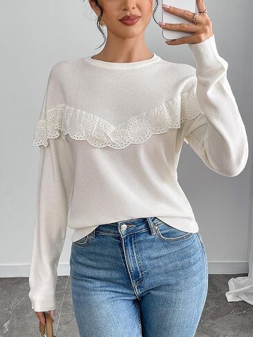 Women Tops Casual Solid Lace Crewneck Long Sleeved Knit Sweater in Saudi Arabia