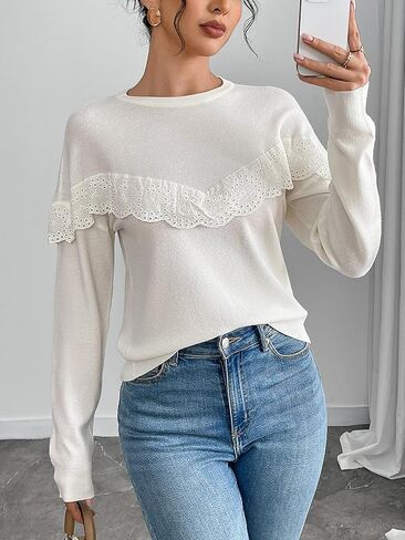 Women Tops Casual Solid Lace Crewneck Long Sleeved Knit Sweater in Saudi Arabia