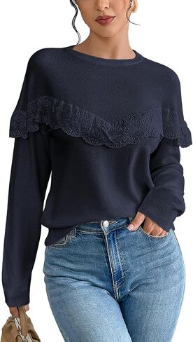 Women Tops Casual Solid Lace Crewneck Long Sleeved Knit Sweater in Saudi Arabia