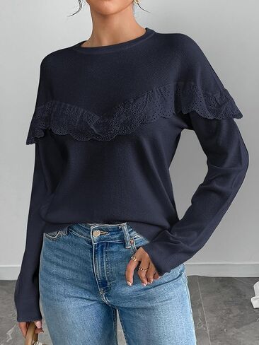 Women Tops Casual Solid Lace Crewneck Long Sleeved Knit Sweater in Saudi Arabia