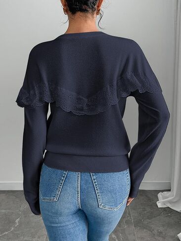 Women Tops Casual Solid Lace Crewneck Long Sleeved Knit Sweater in Saudi Arabia