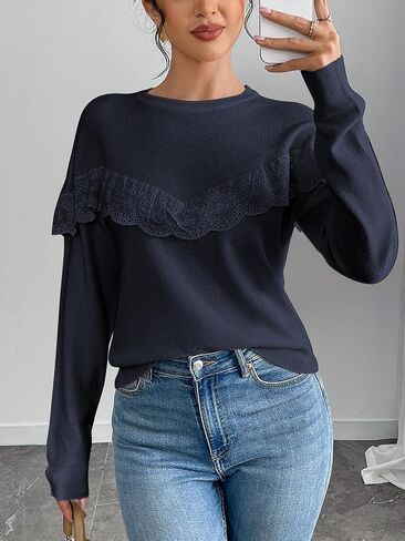 Women Tops Casual Solid Lace Crewneck Long Sleeved Knit Sweater in Saudi Arabia