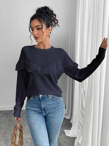 Women Tops Casual Solid Lace Crewneck Long Sleeved Knit Sweater in Saudi Arabia