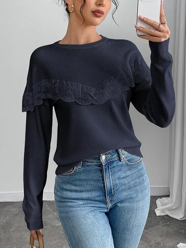 Women Tops Casual Solid Lace Crewneck Long Sleeved Knit Sweater in Saudi Arabia