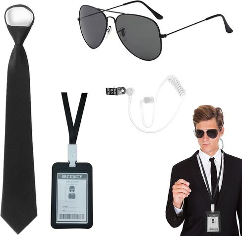 Agent Costume Set Secret Security Service Outfit Accessory Kit Includes Zipper Tie Black Sunglasses Earpiece and ID Card in Kuwait