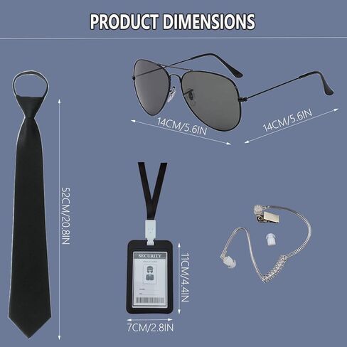 Agent Costume Set Secret Security Service Outfit Accessory Kit Includes Zipper Tie Black Sunglasses Earpiece and ID Card in Kuwait