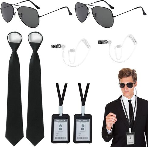 Agent Costume Set Secret Security Service Outfit Accessory Kit Includes Zipper Tie Black Sunglasses Earpiece and ID Card in Kuwait