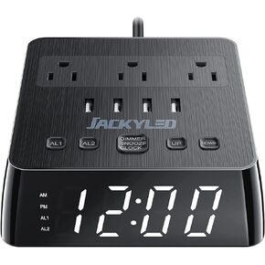 JACKYLED Alarm Clock with 4 USB Chargers Power Strip 3 Outlets 1700J Surge Protector Nightstand Dimmable Digital Clock with Dual Alarm and Snooze Function for Bedroom, Full Screen LED Display