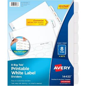 Avery Big Tab Printable White Label Dividers with Easy Peel, 8 Tabs, 4 Sets (14433)
