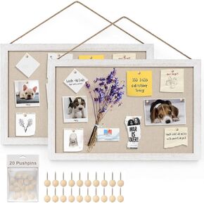 Miratino 2-Pack Cork Board with Linen 16x11 inch Bulletin Board Office Decor Hanging Pin Wood Framed Display Picture Vision Board Light for Wall School Office Bedroom 20-Pushpin Vintage White