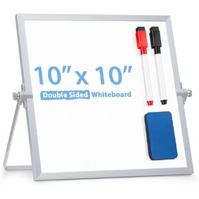 ARCOBIS Dry Erase White Board for Desk, 12"X16" Small Magnetic Desktop Whiteboard with Stand, 10 Markers, 4 Magnets, 1 Eraser, Double-Sided White Board Easel for Drawing to Do List Silver