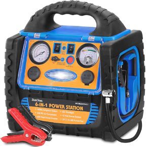1800 Amp Battery Jump Starter with Air Compressor Car Tire Inflator, Portable Power Station 110V 400W Power Inverter USB DC AC Outlet, 12V Emergency Auto Battery Booster Box, Jumper Clamp