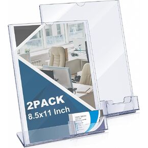 Vicenpal 8.5 x 11 Acrylic Sign Holder with Business Card Holder, Clear Brochure Display Stand Flyer Stand with Business Card Pocket for Magazine Pamphlet Booklets Menu Desktop(2 Pcs)