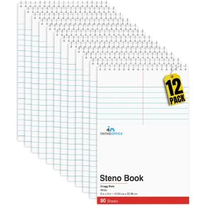 1InTheOffice Steno Pads Spiral 6x9, Top Bound Notepad, Gregg Rule, White, 80 Sheets, 12/Pack