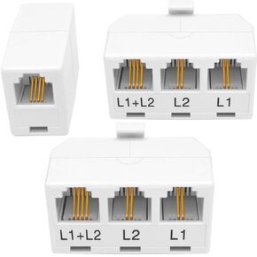 NECABLES 2+1Pack 2pcs Phone Jack Splitter 2 Line Adapter RJ11 1 Male to 3 Females (L1, L2, L1+L2) and 1pc Telephone Line Coupler White