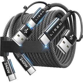 LISEN 240W USB C إلى USB C كابل 10FT لشاحن MacBook Pro كابل شاحن USB C نوع C كابل شحن سريع سلك كابل شاحن من النوع C شحن سريع لهاتف iPhone 15 Plus Pro Max MacBook iPad Pro Samsung