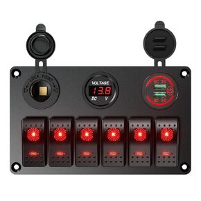 Waterproof Marine Boat Roker Switch Aluminum Panel 6 Gang with DC12-24V 36W Dual USB Car Charger & Digital Voltmeter & Cigarette Lighter Socket fit for Boat Car Rv Vehicles Truck (Blue)