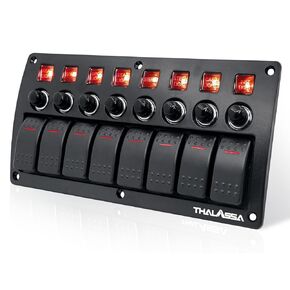 THALASSA 8 Gang Marine Boat Rocker Switch Panel Waterproof with Circuit Breaker, 12V ON-Off Toggle Switchs Panel with Red LED Indicator for RV Car Truck Vehicles Yacht