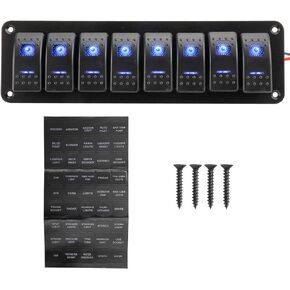 Amarine Made 12-24V Boat Switch Panel Illuminated Rocker Switch Aluminum Pre-wired Panel 2,3,4,5,6,8 Gang Toggle Switches Dash 5 Pin ON/Off 2 LED Backlit for Bus Boat Car Marine Blue LED IP65 (8 Gang)