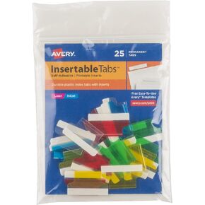 Avery Insertable Self-Adhesive Tabs with Printable Inserts, 1", Permanent Adhesive, Assorted (Blue, Clear, Green, Red and Yellow), Pack of 25 Index Tabs (16219)