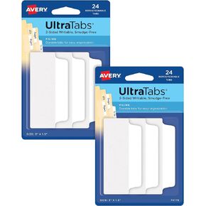 Avery Ultra Tabs, File Tabs, 3" x 1.5", 2-Side Writable, White, 24 Tabs Per Pack, 2-Pack, 48 Self Adhesive Tabs Total (34777)