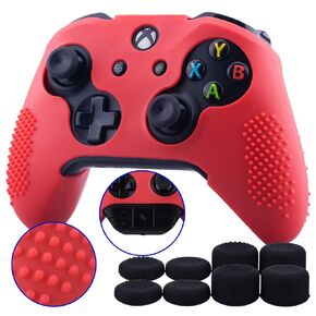 1 Piece of Studded Protective Silicone Cover Skin Sleeve Case + 8 Thumb Grips Analog Caps for Xbox One/S/X Controller Red Compatible with Official Stereo Headset Adapter