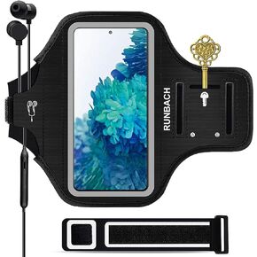 Galaxy S8+/S9+/S10+/S20+ Armband، حقيبة صالة الألعاب الرياضية المقاومة للعرق من RUNBACH مع حامل مفاتيح وفتحة لبطاقة هواتف Samsung Galaxy (أسود)