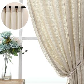 H.VERSAILTEX Linen Curtains 96 Inches Long for Back Tab Linen Jacquard Curtains Living Room Boho Style Curtains Rod Pocket Light Filtering Window Drapes 2 Panels, Natural (Border with Trimmings)