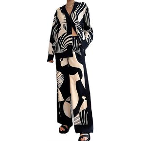 Womens 2 Piece Outfits Casual Print Long Sleeve Button Down Shirt Elastic Waist Wide Leg Pants Sweatsuit Sets