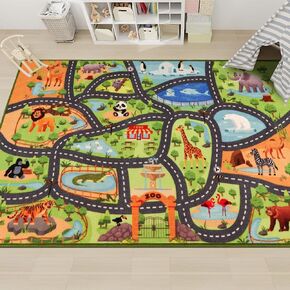 Kids Rug Playmat Rug,31.4"X47" Animal Car Rugs for Kids Toy Cars,Non Slip Zoo Road Map Kids Carpet for Playroom Bedroom Boys,Kids Play Mat Road Rug,Track Rug Car Play Carpet for Kids
