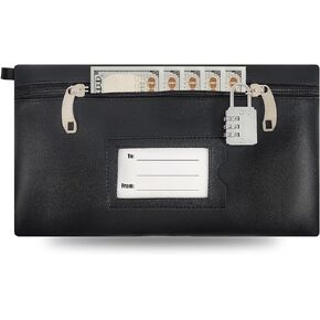 Yelsky 1PC Money Bags with Lock for Cash, PU Leather Cash Bag with Zipper, 11"x 6" Waterproof Bank Bag with Clear Window for Cash Coins Bills Key, Black Money Pouch for Business Bank or Personal Use