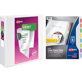 Avery Durable View 3 Ring Binder with 3 Inch Rings, 8 Tab Durable Plastic Binder Dividers, Office Supplies Set (01680)