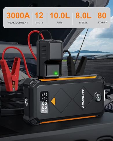 بطارية Jump Starter 3000A، [ابدأ تشغيل الكل في ثوانٍ] بطارية محمولة 12 فولت، بطارية مدمجة تصل إلى 10.0 لتر غاز ومحرك ديزل 8.0 لتر للسيارة مع شاشة LCD وإضاءة LED in Kuwait