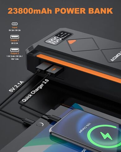 بطارية Jump Starter 3000A، [ابدأ تشغيل الكل في ثوانٍ] بطارية محمولة 12 فولت، بطارية مدمجة تصل إلى 10.0 لتر غاز ومحرك ديزل 8.0 لتر للسيارة مع شاشة LCD وإضاءة LED in Kuwait