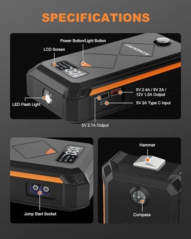 بطارية Jump Starter 3000A، [ابدأ تشغيل الكل في ثوانٍ] بطارية محمولة 12 فولت، بطارية مدمجة تصل إلى 10.0 لتر غاز ومحرك ديزل 8.0 لتر للسيارة مع شاشة LCD وإضاءة LED in Kuwait