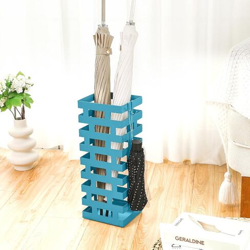 Tudomro Umbrella Stands for Entryway Large Metal Umbrella Holder with Removable Water Tray and Hooks Decor Freestanding Rectangular Umbrella Hollow Rack for Home Office (Blue, 6.3 x 5.5 x 16.5 Inch) in Saudi Arabia