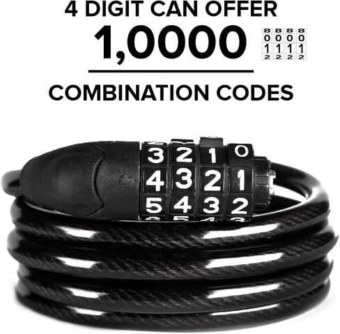 Populo 4 Digit Combination Scooter Lock Cable - Keyless, Convenience & Strong，Flexible Steel Cable 4 FT Long 5/16 in Fit in Kuwait
