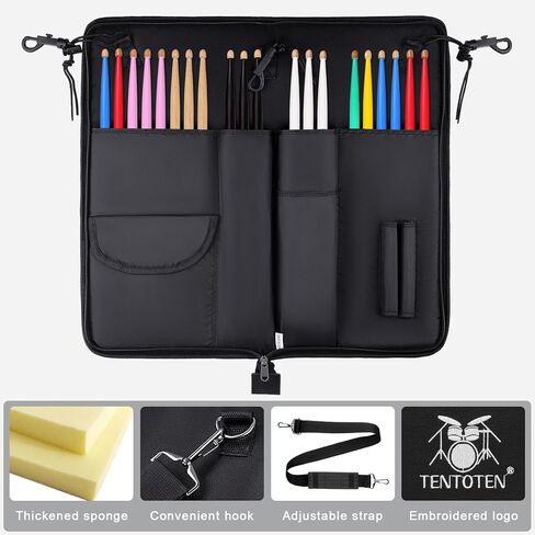 Drumstick Bag Thickened Drum Stick Bag with Shoulder Strap, Large Capacity Drum Sticks Bag for Drumsticks and Mallets Up to 15 Pairs, Black in Saudi Arabia
