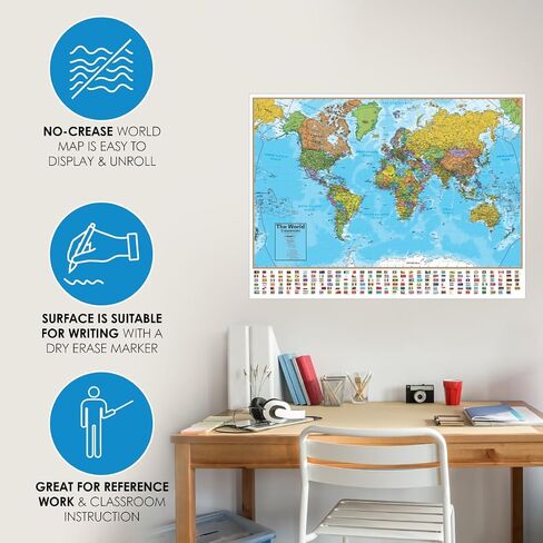 خريطة الحائط العالمية من سلسلة Waypoint Geographic المعاصرة، ملصق خريطة العالم مصفح، فن جداري تعليمي للمنزل أو الفصل الدراسي أو المكتب، هدايا فريدة، 24 بوصة × 36 بوصة in Kuwait