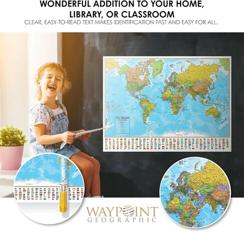 خريطة الحائط العالمية من سلسلة Waypoint Geographic المعاصرة، ملصق خريطة العالم مصفح، فن جداري تعليمي للمنزل أو الفصل الدراسي أو المكتب، هدايا فريدة، 24 بوصة × 36 بوصة in Kuwait