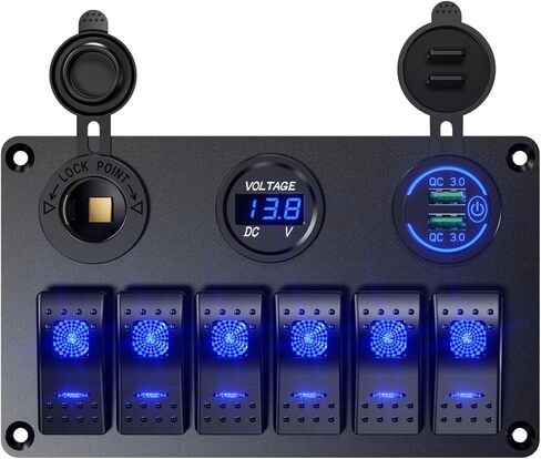 مقاوم للماء قارب بحري روكر التبديل لوحة الألومنيوم 6 عصابة مع DC12-24V 36W شاحن سيارة USB مزدوج والفولتميتر الرقمي ومقبس ولاعة السجائر مناسب لشاحنة مركبات القوارب والسيارات RV (أزرق) in Kuwait