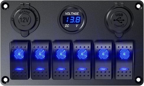 مقاوم للماء قارب بحري روكر التبديل لوحة الألومنيوم 6 عصابة مع DC12-24V 36W شاحن سيارة USB مزدوج والفولتميتر الرقمي ومقبس ولاعة السجائر مناسب لشاحنة مركبات القوارب والسيارات RV (أزرق) in Kuwait