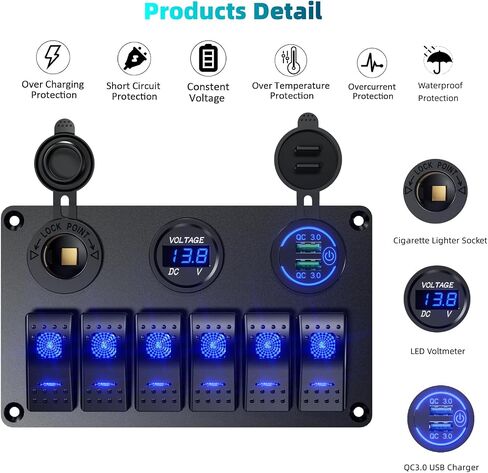 مقاوم للماء قارب بحري روكر التبديل لوحة الألومنيوم 6 عصابة مع DC12-24V 36W شاحن سيارة USB مزدوج والفولتميتر الرقمي ومقبس ولاعة السجائر مناسب لشاحنة مركبات القوارب والسيارات RV (أزرق) in Kuwait