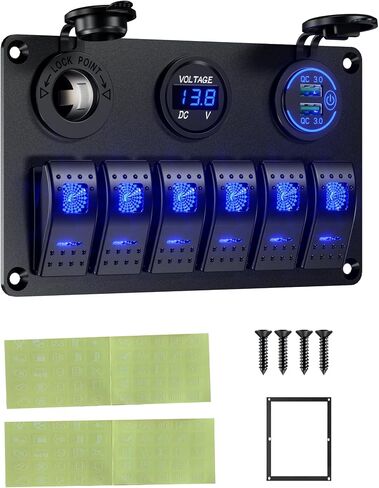 مقاوم للماء قارب بحري روكر التبديل لوحة الألومنيوم 6 عصابة مع DC12-24V 36W شاحن سيارة USB مزدوج والفولتميتر الرقمي ومقبس ولاعة السجائر مناسب لشاحنة مركبات القوارب والسيارات RV (أزرق) in Kuwait