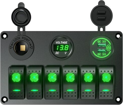 مقاوم للماء قارب بحري روكر التبديل لوحة الألومنيوم 6 عصابة مع DC12-24V 36W شاحن سيارة USB مزدوج والفولتميتر الرقمي ومقبس ولاعة السجائر مناسب لشاحنة مركبات القوارب والسيارات RV (أزرق) in Kuwait