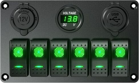 مقاوم للماء قارب بحري روكر التبديل لوحة الألومنيوم 6 عصابة مع DC12-24V 36W شاحن سيارة USB مزدوج والفولتميتر الرقمي ومقبس ولاعة السجائر مناسب لشاحنة مركبات القوارب والسيارات RV (أزرق) in Kuwait