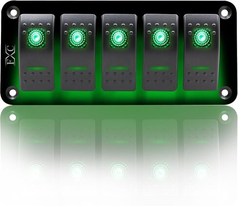 FXC Rocker Switch Aluminum Panel 5 Gang Toggle Switches Dash 5 Pin ON/Off 2 LED Backlit for Boat Car Marine Green in Saudi Arabia